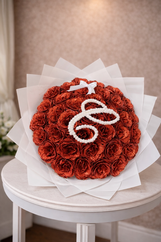Buchet Luxury cu Sclipici și Litera | 37 Trandafiri