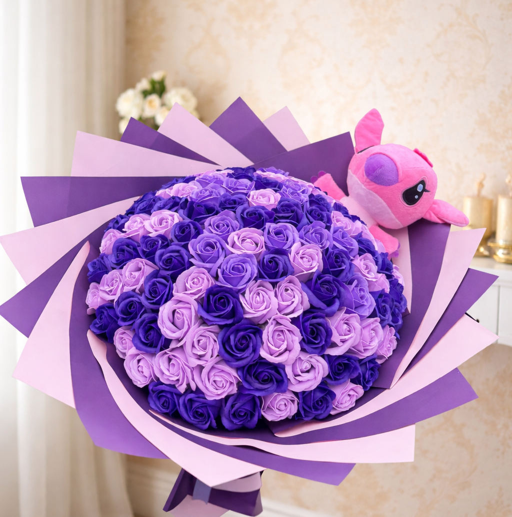 Buchet Mov Premium cu Angel | 101 Trandafiri
